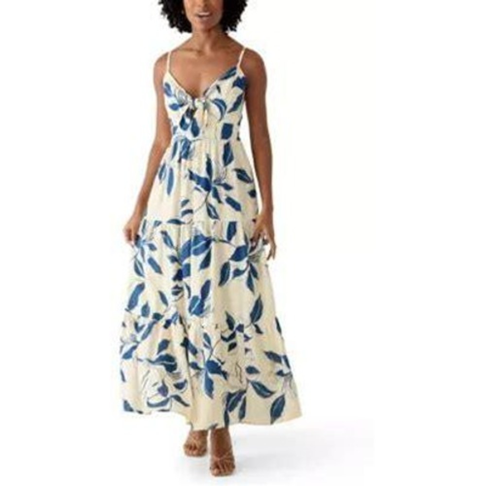 MSK Blue Tropical Leaf Print Tiered Maxi Dress Linen Blend Tie Front Pockets M